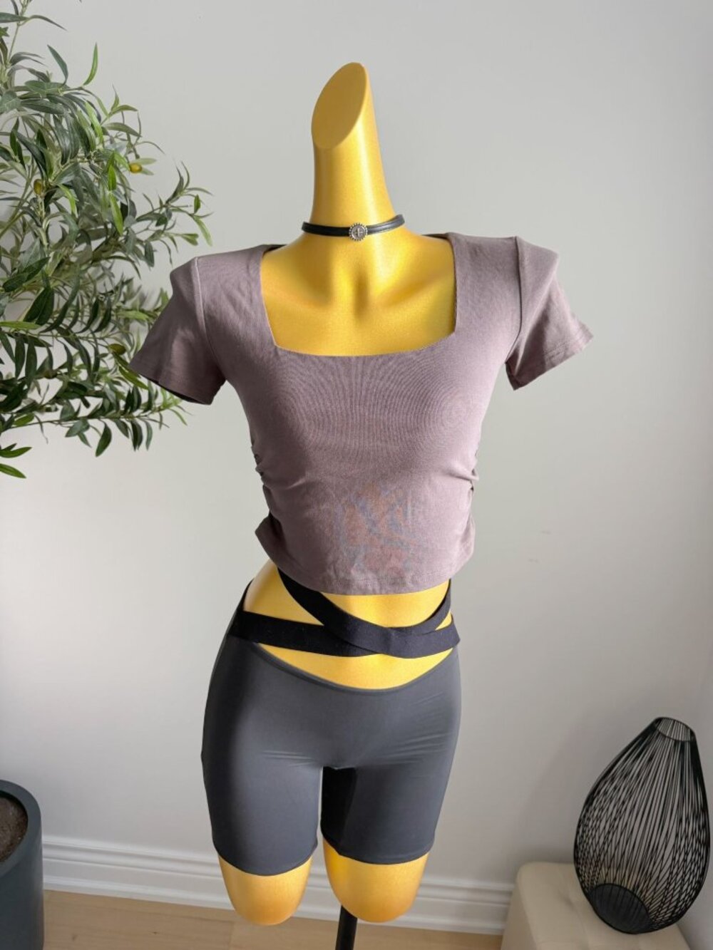 Charcoal Gray Square Neck Ruched Crop Top Size S